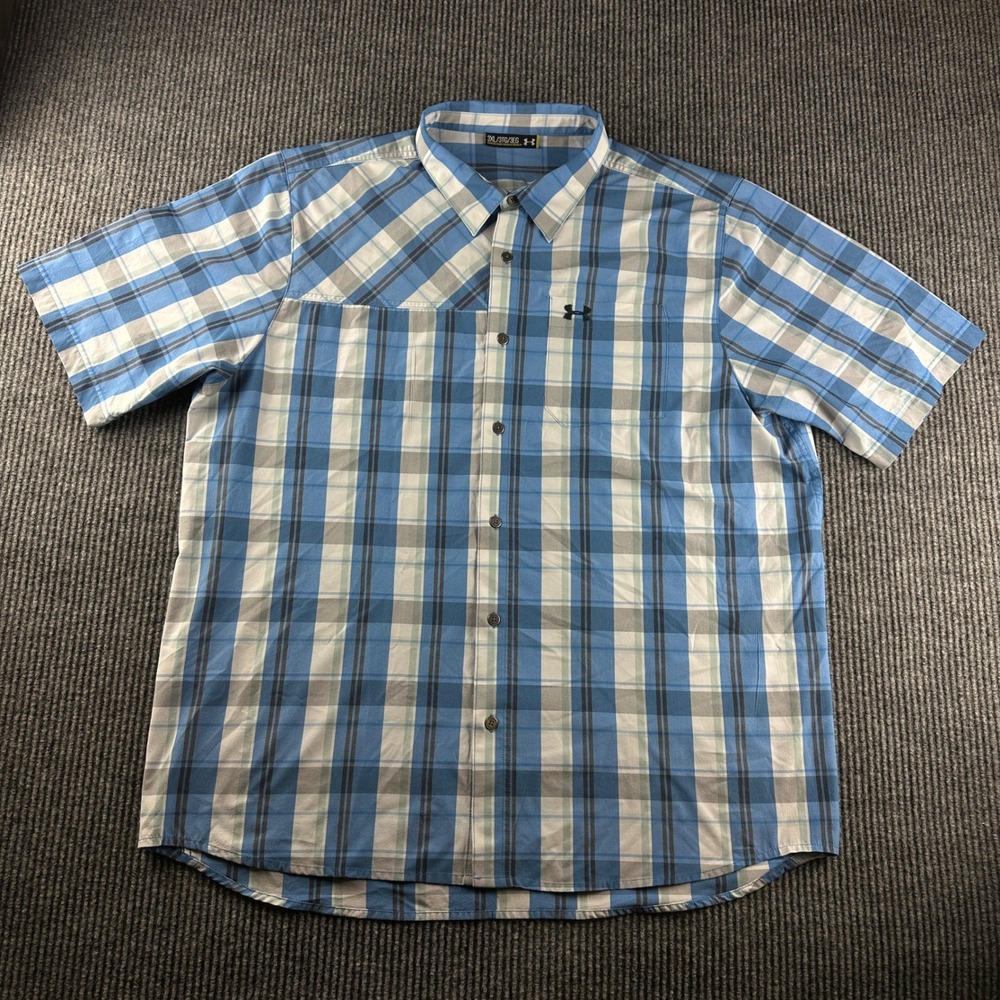 Under Armour Mens 3XL Blue Plaid Short Sleeve Button Down Performance Shirt